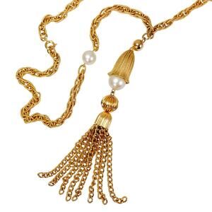 Vintage 1960s Gold Tone Tassel Necklace With Faux Pearls Rope Chain Elegant
